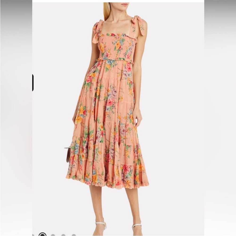 Zimmermann Zinnia Shirred Cotton-Silk Crepon Midi Dress in Coral Floral size 0